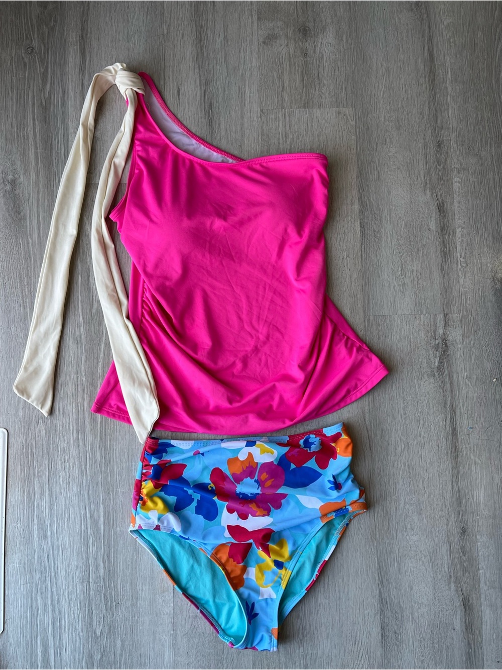 One-Shoulder Pink Tankini Top with Floral High-Waist Bottoms